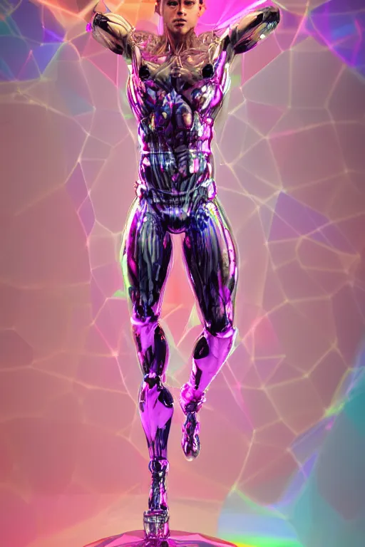 Image similar to hyper detailed ultra sharp fullbody photo of baroque and cyberpunk transparent pink gem sculpture of a muscular seductive muscular nick jonas feeling muy cachondo, muy dotado, iridescent humanoid deity wearing pink plastic seethrough cloak, holding a rainbow tiger gem, blue diamond, glowing pink face, crown of white diamonds, cinematic lighting, photorealistic, octane render 8 k