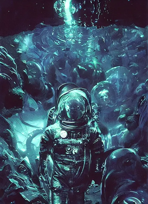 Image similar to astronauts in dark void underwater - complex and hyperdetailed technical suit. reflection and dispersion materials. rays and dispersion of light. volumetric light. f / 3 2. noise film photo. flash photography. ultra realistic, wide angle. poster by wayne barlowe, hajime sorayama aaron horkey, craig mullins