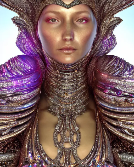 Image similar to a highly detailed metahuman 4 k close up render of an alien goddess bella hadid statue in iris van herpen dress schiaparelli in diamonds crystals swarovski and jewelry iridescent in style of alphonse mucha gustav klimt trending on artstation made in unreal engine 4