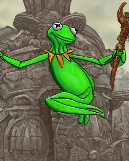 Prompt: Stylized Artistic Render of Kermit the Frog wearing the God emperor of mankind's armor warhammer