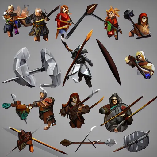 Image similar to Set of high quality HD sprites, low poly, arrows, bows, swords, axes, etc.
