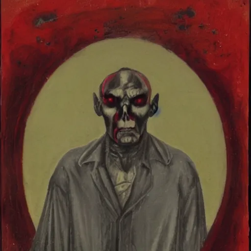 Image similar to portrait of alexander abdulov, with a red eyes, satanic body, head of old man, in blood of sinners, hellish style