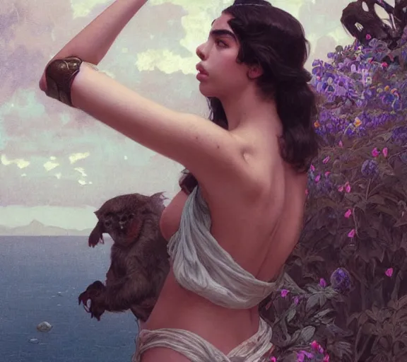 Image similar to photography dualipa with hands - up and hairy armpits, deep focus, intricate, elegant, highly detailed, digital painting, artstation, concept art, matte, sharp focus, illustration, art by artgerm and greg rutkowski and alphonse mucha and gil elvgren