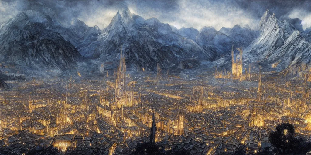 Prompt: The city of Gondolin, artwork by Alan Lee, The Lord of the Rings, Tolkien, The Fall of Gondolin, Silmarillion, fantasy, elves, art, painting, beautiful