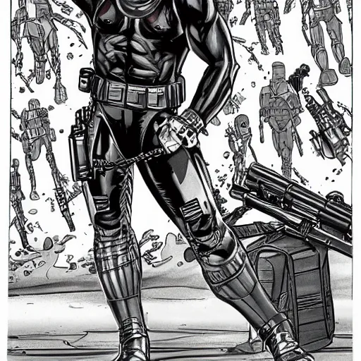 Image similar to muscular man, black vest with no shirt underneath, goggles around his neck, cargo pants, ammo belt, holding a blaster, star wars, long black hair in a ponytail, five o' clock shadow, comic book art, distance shot