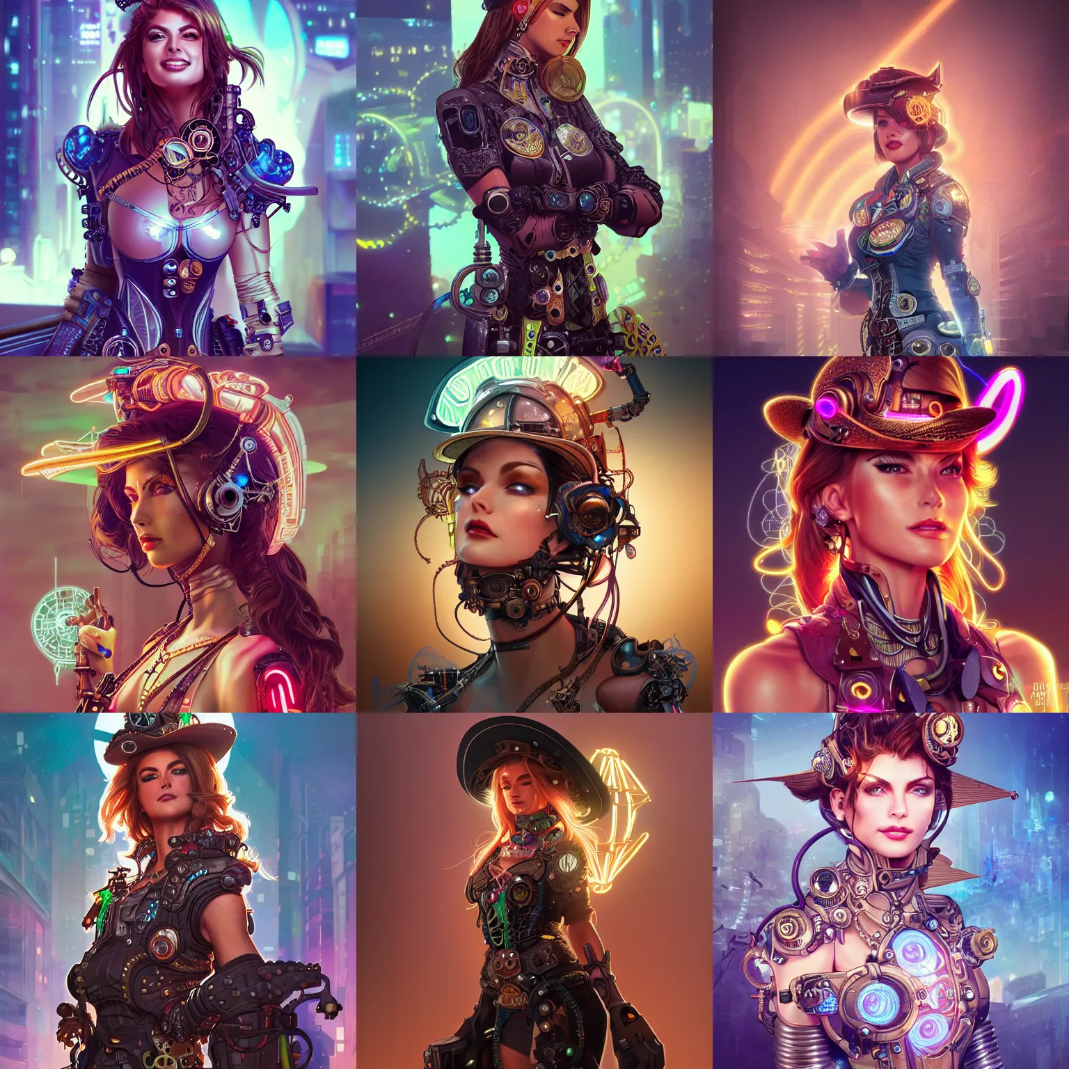 Prompt: portrait futuristic kathy ireland steampunk half - cyborg cowgirl, neon light rooftop, fantasy, intricate and very very beautiful and elegant, highly detailed, digital painting, artstation, concept art, smooth and sharp focus, illustration, art by tan zi and ayanamikodon and alphonse mucha and wlop