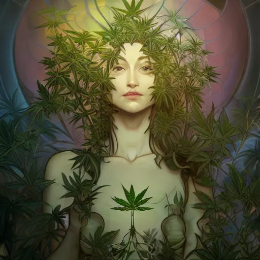 Image similar to a cannabis plant, bio vegetal concept art, by Peter Mohrbacher and Alphonse Mucha, chess, amazonia, detailed, style, 8k, trending on artstation, unreal engine 4k, detailed, clean background trending, full shot, symmetrical portrait, sophisticated, Unreal engine, dystopia, anti-utopia, post processing, psychadelic