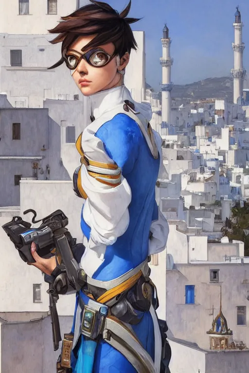 Image similar to tracer from overwatch travels in tetouan streets, blue and white houses, mosque, highly detailed, digital painting, artstation, concept art, smooth, sharp focus, illustration, art by artgerm and greg rutkowski and alphonse mucha