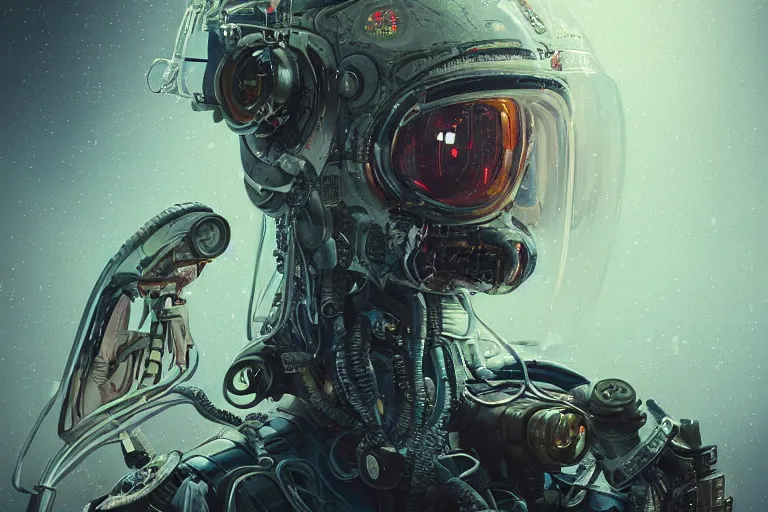 Image similar to hyperrealistic portrait of a squid monster astronaut, full body portrait, well lit, intricate abstract. cyberpunk, intricate artwork, by Tooth Wu, wlop, beeple. octane render,in the style of Jin Kagetsu, James Jean and wlop, highly detailed, sharp focus, intricate concept art, digital painting, ambient lighting, 4k, artstation