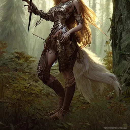 Image similar to long shot photo of a humanoid female she - wolf with wolf head were a heroic dress an armour in the forest, long hair, highly detailed, digital painting, artstation, smooth, sharp focus, illustration, art by artgerm and greg rutkowski and alphonse mucha