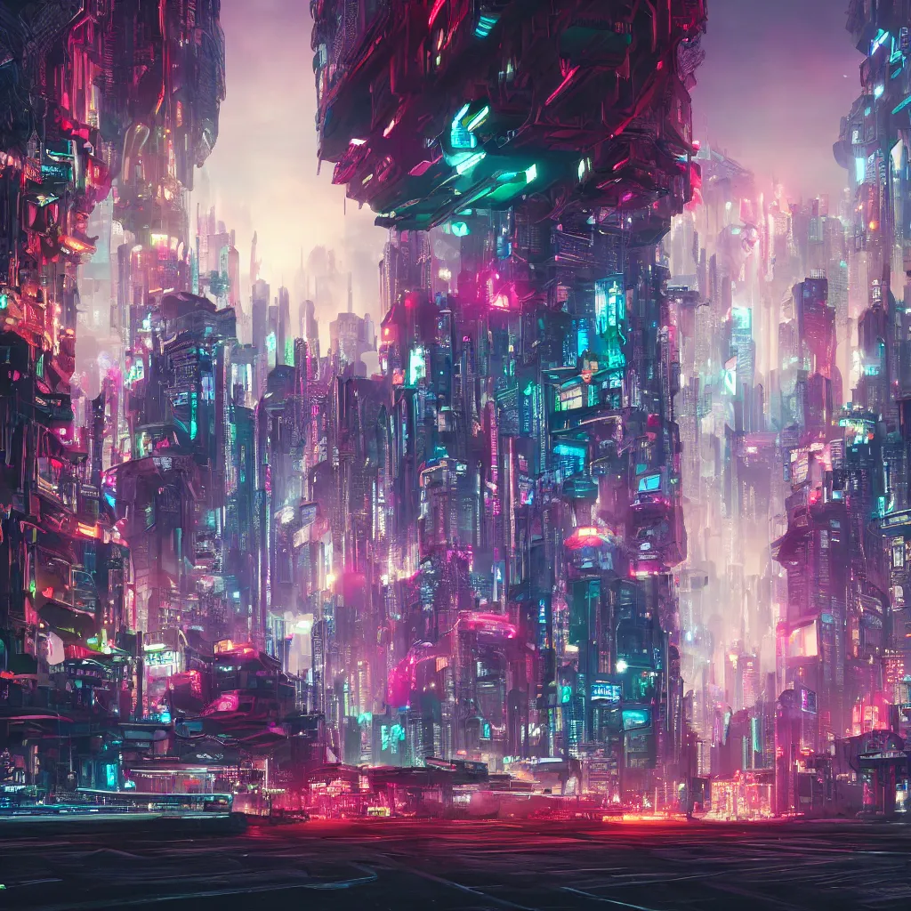 Prompt: cyberpunk city landscape, flying cars, ultrafine highly detailed hyper colorful illustration, sharp focus, unreal engine highly rendered, global illumination, radiant light, subtle light fog, intricate and detailed environment