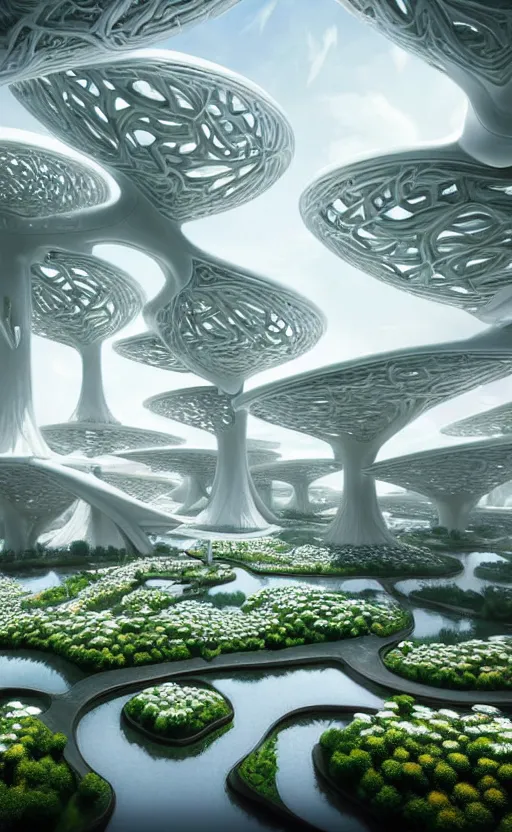 Prompt: beautiful porcelain ivory scifi futuristic city architectural landscape, biophilic, arches, bridges, vincent callebaut composition, mamou - mani, iris van herpin, elegant lace haute couture stone trees, minimalist, porcelain magnolia fluid fractal nebula, daisies, colorful puffballs, high detailed, ultra sharp, soft light, 8 k,