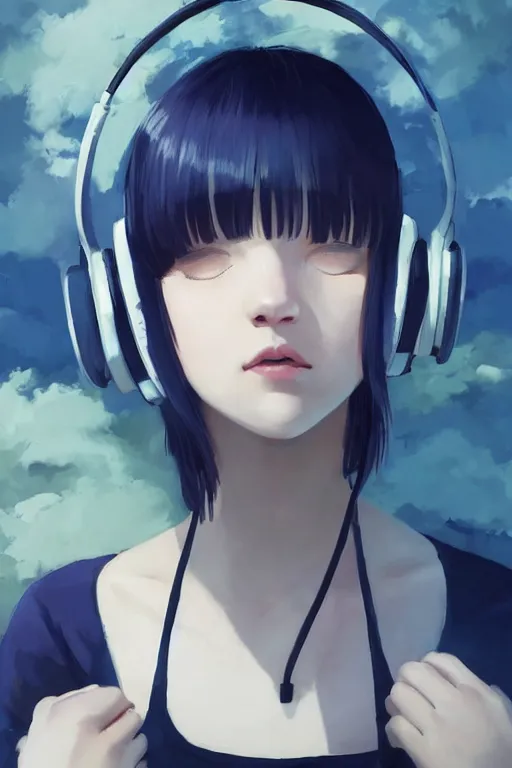 Prompt: a cute young woman listening to music with her eyes closed and wearing headphones by Ilya Kuvshinov, white bob cut hair, freckles, dark thunderclouds in the backround, blue filter, blue and white, vivid colors, soft lighting, cinematic, moody, nier automata, poster, oil on canvas, by Krenz Cushart, by Range Murata, 8k