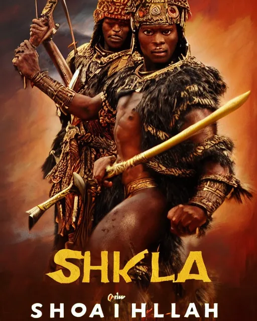 Image similar to Movie poster of Shaka Zulu, Highly Detailed, A master piece of storytelling, wide angle, cinematic shot, Battle, War, Violent, highly detailed, cinematic lighting, by frank frazetta + ilya repin , 8k, hd, high resolution print