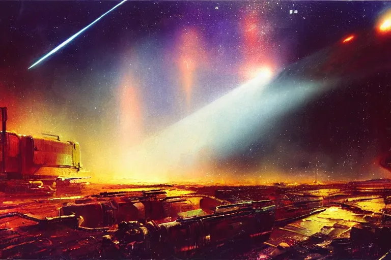 Image similar to C-beams glittering in the dark near the Tannhäuser Gate by john harris and john berkey, matte, masterpiece, atmospheric, wide angle shot