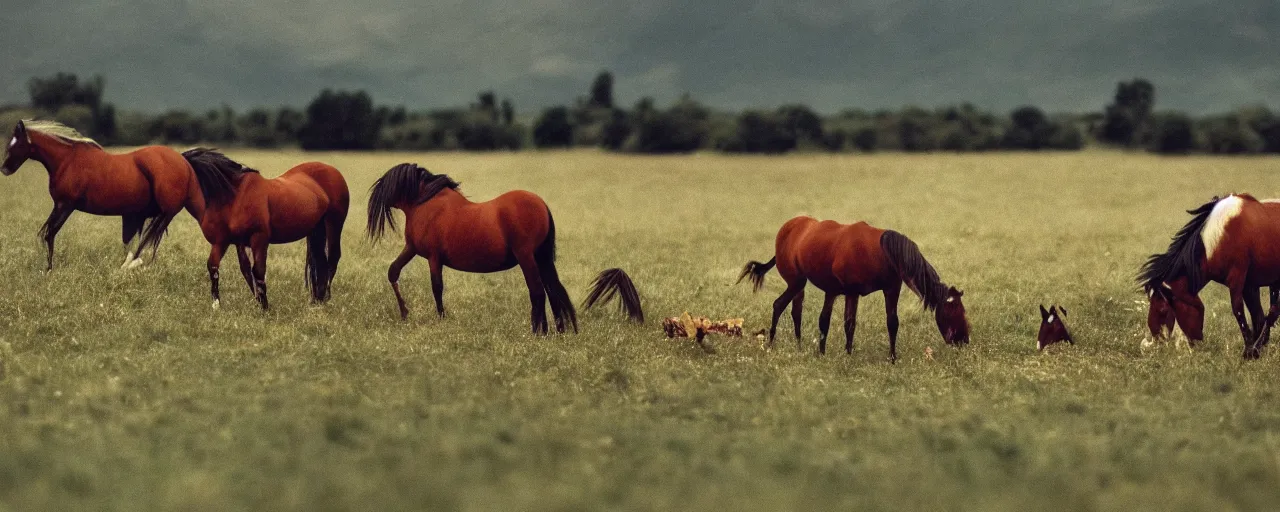 Image similar to wild horses eating spaghetti in a field, in the style of national geographic, canon 5 0 mm, film, kodachrome, retro, muted