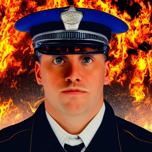 Image similar to portrait of a policeman head on fire , front, centered, riot background, at night ,editorial photography