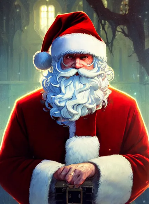 Image similar to Highly detailed portrait of santa claus vampire, in GTA V, Stephen Bliss, unreal engine, fantasy art by Greg Rutkowski, Loish, Rhads, ferdinand knab, Makoto Shinkai and Lois van baarle, ilya kuvshinov, rossdraws, Tom Bagshaw, alphonse mucha, global illumination, radiant light, detailed and intricate environment