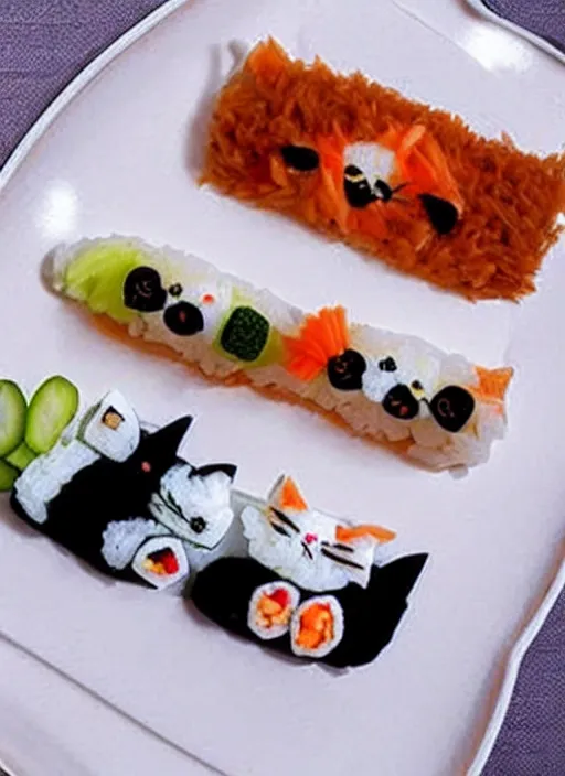 Image similar to clear surrealist painting of adorable cats made from sushi rice, sitting on sushi plates with garnish