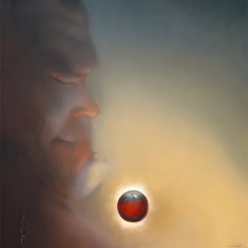 Prompt: beautiful realistic fantasy painting of an orb with a nose , by pascal blanche and Frazetta and Beksinski, volumetric lighting, trending on art station, polarizer filter