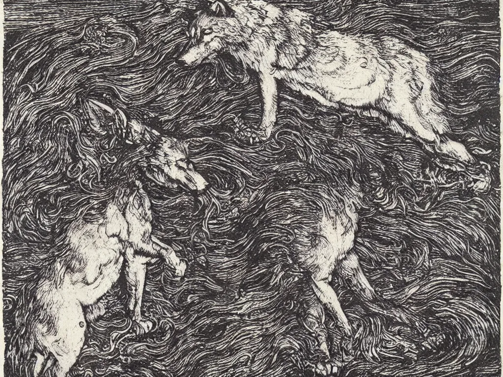 Prompt: wolf in heavy rainstorm. woodcut by albrecht durer, salvador dali