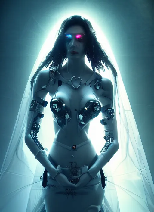 Image similar to cyberpunk bride, elegent, magic background, dynamic lighting, character concept, gaudy colors, octane render aesethic, radiant lighting, hd