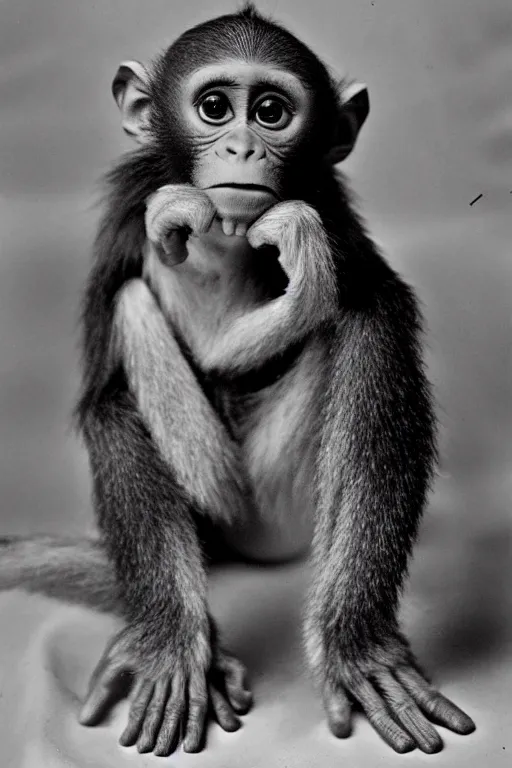 Prompt: horrifying failed soviet experiment, baby monkey hybrid, disturbing, vintage photo