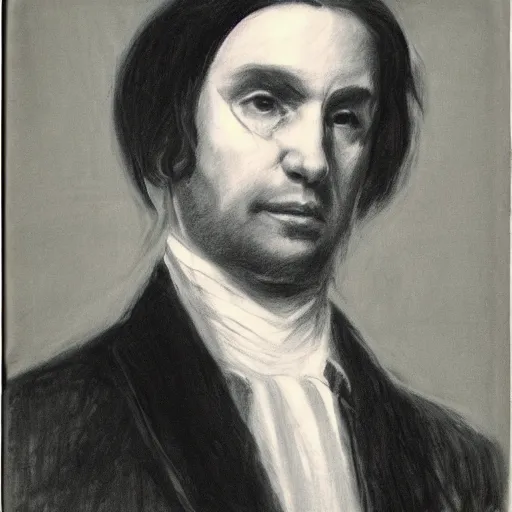 Image similar to charcoal portrait of an austrian gentleman, long black hair, evil