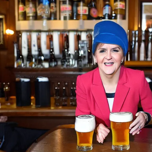 Image similar to Nicola Sturgeon drinking a pint of beer