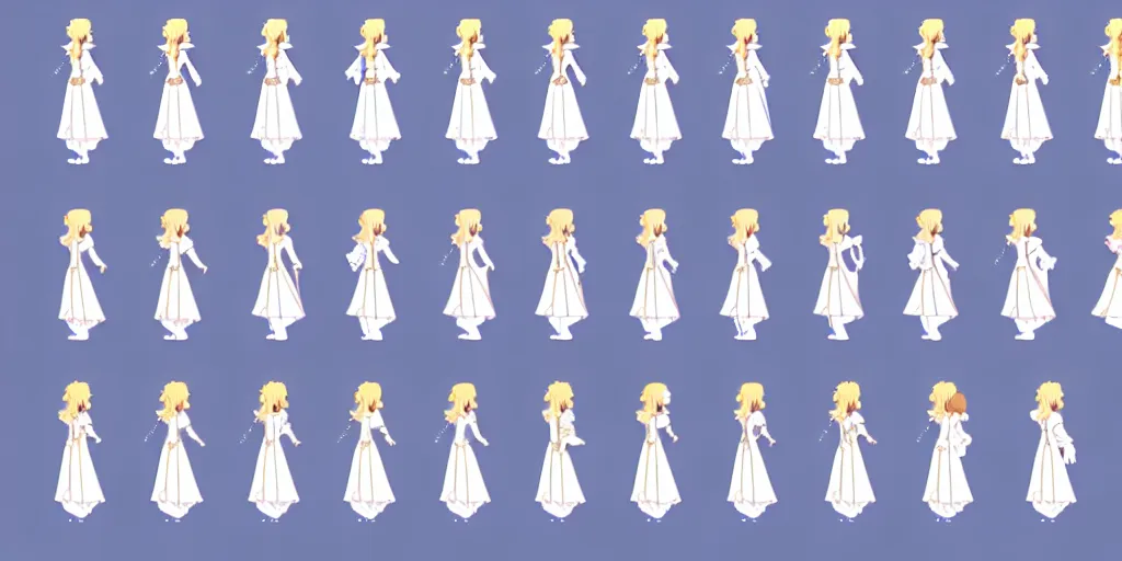 Prompt: walking animation sprite sheet of a girl in a renaissance dress, walking to the right, each sprite is a different frame of the animation, in the style of final fantasy games