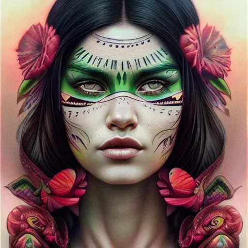Prompt: ultra realistic portrait painting of a perfect beautiful woman green eyes black hair, neck tribal snake tattoo, painted by Tristan Eaton Stanley Artgerm and Tom Bagshaw
