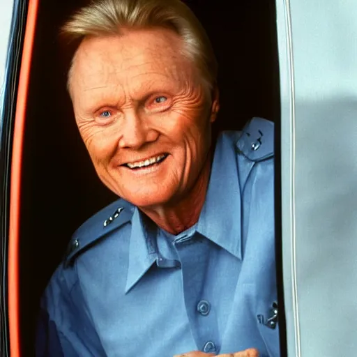 Prompt: john voight is sitting in a van, door open, looking at camera and smiling, he holds up his arms, showing his handcuffs