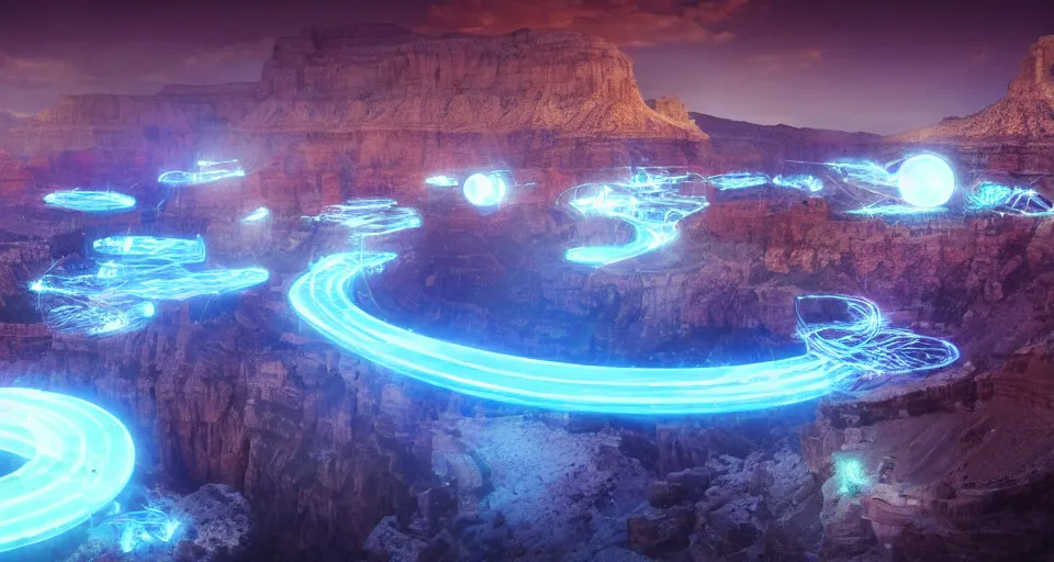 Image similar to night, people and a spiral - shaped white luminous attractor is floating in grand canyon, concept art, art for the game, professional lighting, art