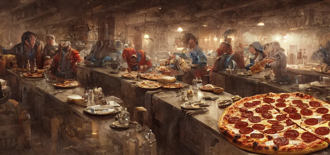 Image similar to the discovery of pizza, scientific, tools, happy chef, intricate, hyper detailed, 8k, james gurney, greg rutkowski, john howe, artstation