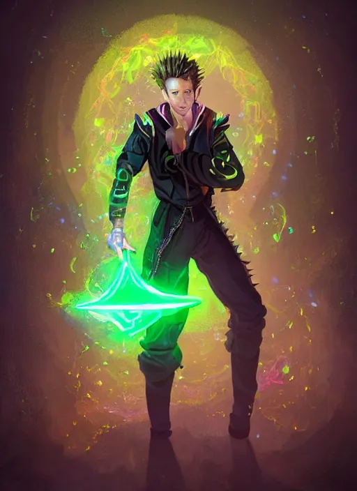 Image similar to character concept portrait of a handsome young wizard with olive skin and buzzed short spiky hairstyle casting a spell with apleasantly surprised expression. glowing runes in swirling neon light, an iridescent spell book hovering in mid-air. glowing magic dust swirling. intricate, elegant, digital painting, concept art, smooth, sharp focus, illustration, from Metal Gear, by Ruan Jia and Mandy Jurgens and Artgerm and William-Adolphe Bouguereau