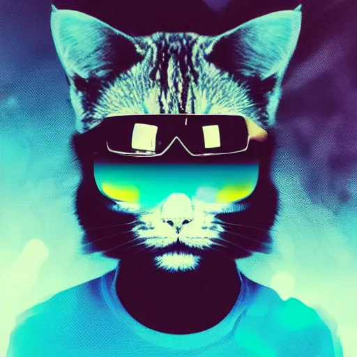 Prompt: a portrait of a cool cat with black glases with dark backgroung vapourwave