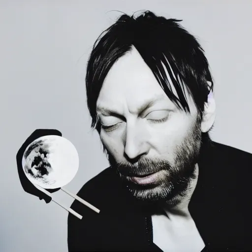 Image similar to Radiohead, Radiohead, Thom, holding the moon upon a stick, with a beard and a black jacket, a portrait by John E. Berninger, dribble, neo-expressionism, uhd image, studio portrait, 1990s