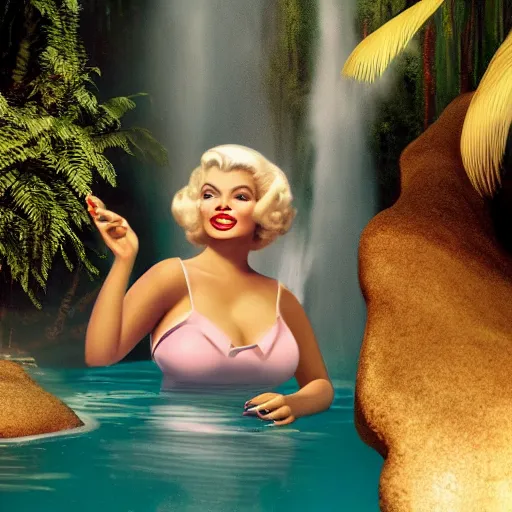 Image similar to a very beautiful sundance award winning image of jayne mansfield under a tropical waterfall, full body, pale pink bikini, pink lipstick, detailed kissy face, cinematic lightning, golden hour, medium shot, alexa mini, cryengine, raytracing, 4 k, cinematic wallpaper by gil elvgren, robert maguire, rudolf belarski