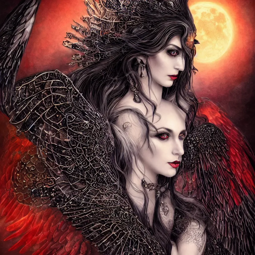 Image similar to close up portrait on the enchanting femenine witch, hyper attractive, seductive, very complex, hyper-maximalist, overdetailed, legendary cinematic, darkfantasy, archetype with timeless beauty breathtaking eyes & glowing wings, collossal moon rising behind her with bird shadows, highly intricate, digital art, very elegant, HDR 8K, biblical art, realism, incomprehensible yet perspicious detail, unbeatable quality, silent hill aesthetic, photorealistic, lifelike, DSLR 8k, unbeatable coherency, Omnious intricate, octane render, created Nixeu & z--ed from deviantart