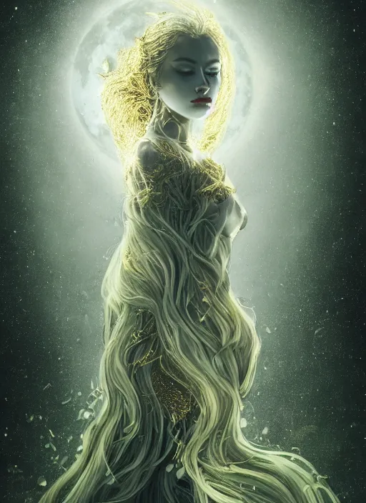 Image similar to glowing silver and golden elements, head and shoulder portrait, young female model from shutterstock as a evil witch, book cover, green forest, white moon, red lips, establishing shot, extremly high detail, photo-realistic, cinematic lighting, pen and ink, intricate line drawings, by Yoshitaka Amano, Ruan Jia, Kentaro Miura, Artgerm, post processed, concept art, artstation, matte painting, style by eddie, raphael lacoste, alex ross