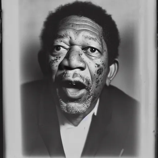 Prompt: a daguerreotype of morgan freeman screaming