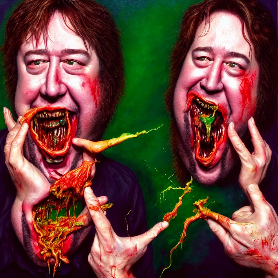 Image similar to happy and funny psychedelic bill hicks eating rotten flesh, laughing and puking blood, diffuse lighting, fantasy, intricate, elegant, highly detailed, lifelike, photorealistic, digital painting, artstation, illustration, concept art, smooth, sharp focus, art by francis bacon