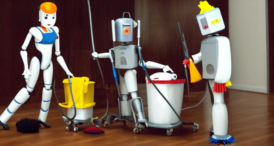 Image similar to a robot dressed as a cleaning lady, holding a brush