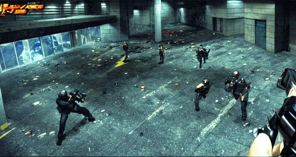 Prompt: 1998 Video Game Screenshot of Neo-tokyo Cyborg bank robbers vs police, Set inside of Parking Garage, Dark, Multiplayer set-piece Ambush, Tactical Squads :10, Police officers under heavy fire, Suppressive fire, Pinned down, Destructible Environments, Gunshots, Headshot, Bullet Holes and Anime Blood Splatter, :10 Gas Grenades, Riot Shields, MP5, AK45, MP7, P90, Chaos, Anime Machine Gun Fire, Gunplay, Shootout, :14 FLCL + Jet Grind Radio, Cel-Shaded:17, Created by Katsuhiro Otomo + Arc System Works: 20