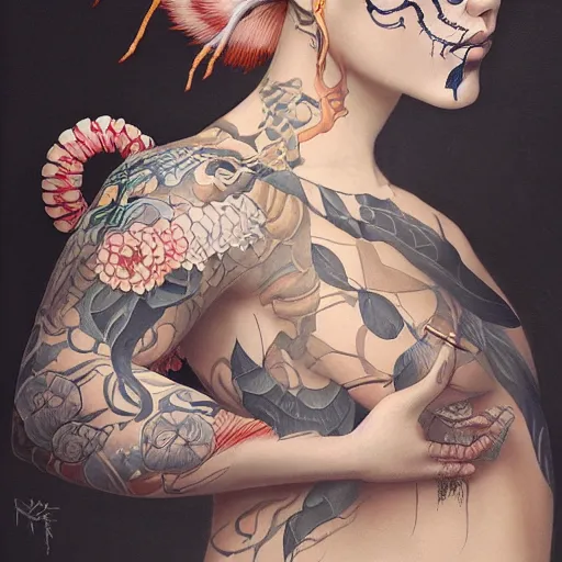 Image similar to ultra realistic, beautiful mixed woman with tattoos, wearing a kimono, japanese inspired, in the style of peter mohrbacher by weta digital and beth cavener, intricate, masterpiece, award winning, intricate