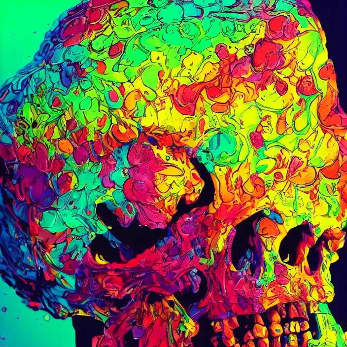 Image similar to illustration of a colorful melting human skull. flowers and blossoms, ferrofluids, burning water distortions. intricate abstract. intricate artwork. by Tooth Wu, wlop, beeple, dan mumford. octane render, trending on artstation, greg rutkowski very coherent symmetrical artwork. cinematic, hyper realism, high detail, octane render, 8k, depth of field, bokeh. iridescent accents