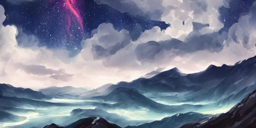 Image similar to digital art, trending on artstation, a mountainous landscape with a lake filled with stars at the bottom, with the sky full of clouds and storm