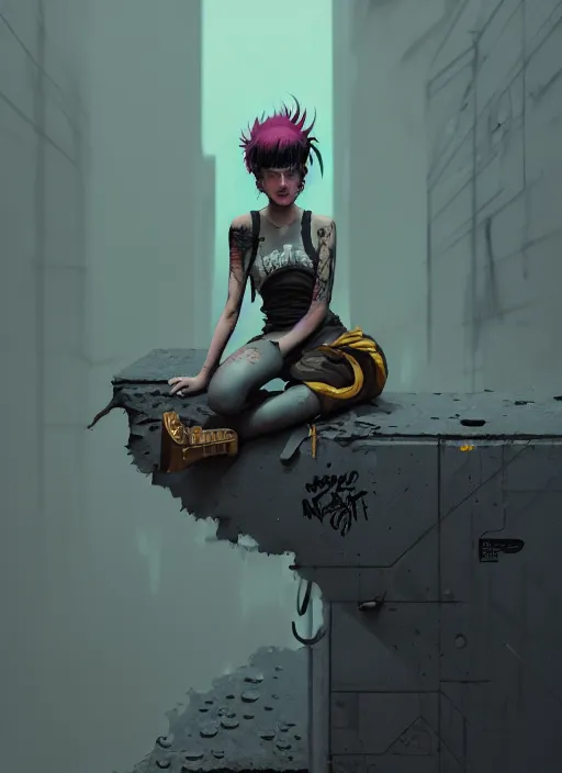 Image similar to highly detailed matte painting, of punk girl sitting on maximalist 3 d calligraphy graffiti tag light eroding grey walls, by atey ghailan, by greg rutkowski, by greg tocchini, by james gilleard, by joe fenton, by kaethe butcher, yellow, brown, black and cyan mystical color scheme, grunge aesthetic, octane render