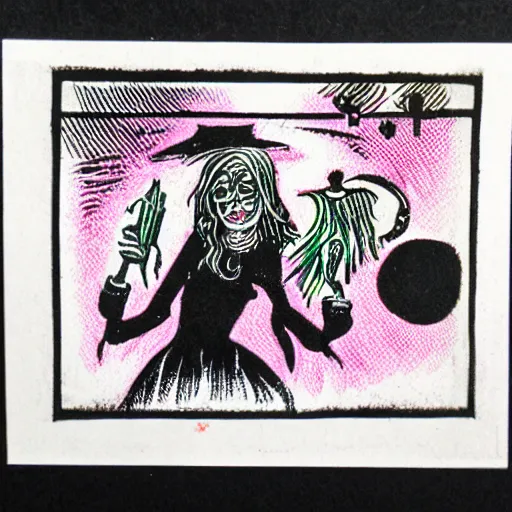 Prompt: a risograph of a witch from the 80s