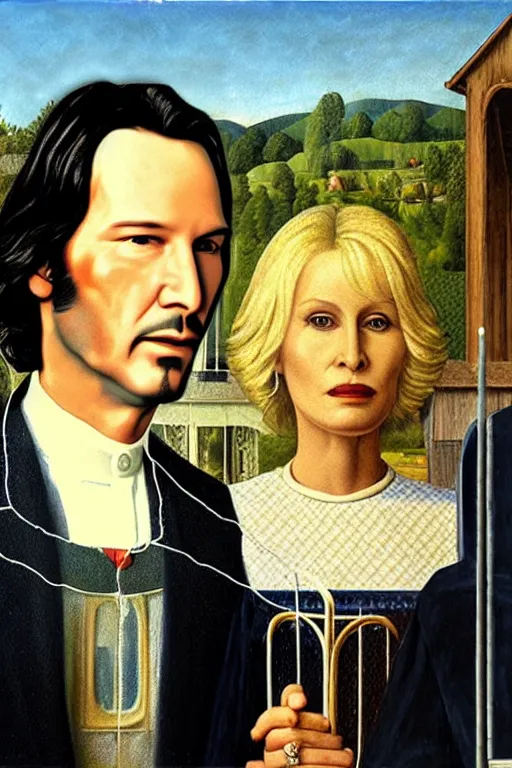 Image similar to painting of Keanu Reeves and Dolly Parton as the couple in American Gothic in the style of Grant Wood